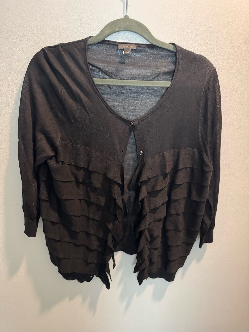Ann Taylor Black Ruffled Open Cardigan Sweater - Women Size Large